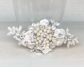 Bridal Hair Accessory- Wedding Hairpiece- Rhinestone & Pearl Bridal Comb-Bridal Hairpiece-Off white bridal comb-Floral Haircomb-Brass Boheme