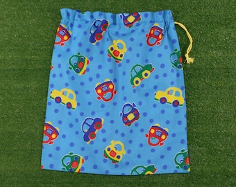 Drawstring library bag or toy bag for boys, cars, large blue cotton drawstring bag