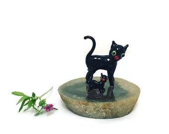 Vintage Black Cat Figurines, Glass Cat and Kitten on a Geode