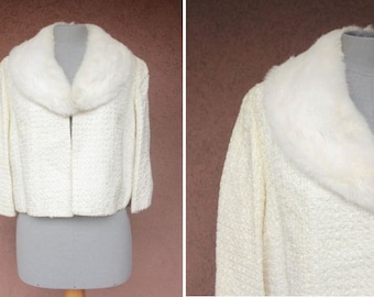 1950's White Fur and Ribbon Cropped Jacket - 50's White Weddin Cropped Jacket - Size S