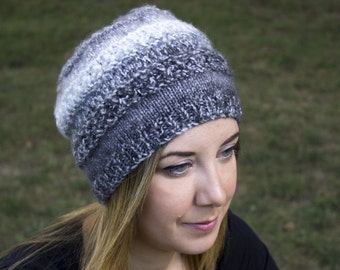 Gray and White Slouchy Knit Hat - Grey Vegan Hat - Boho Hat - Hipster Hat - Hippie Hat Womens Tam - Mens Beanie - Unisex Acrylic Hand Knit