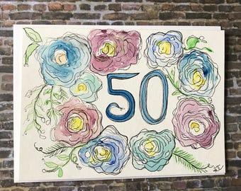 50th Birthday Card, Hand Painted 50th Birthday Card, Watercolor 50th Birthday Card