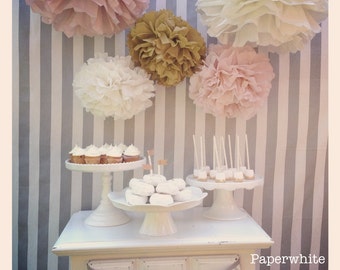 Tissue paper pom poms, baby shower decorations, girl baby shower decorations, vintage wedding, blush and gold wedding, bridal shower decor
