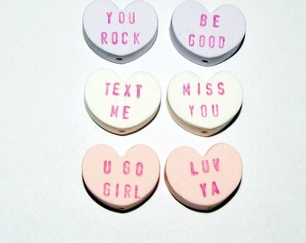 Conversation Heart Beads for Valentine's Day - Handmade from Polymer Clay - Vertical Holes