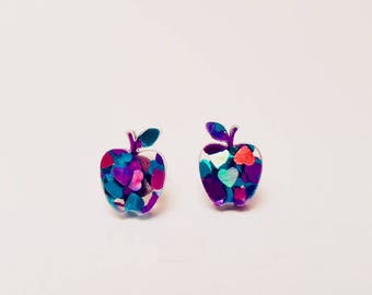Apple studs - Purple heart glitter studs - Fruit studs - laser cut acrylic studs - apple earrings - glitter stud earrings - Teachers gift
