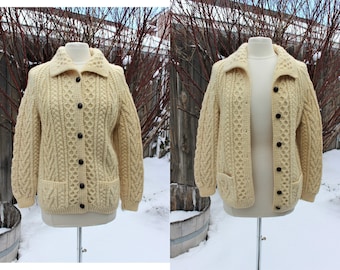 1990's Hand Knit Ivory/Beige Wool Fisherman's Cardigan Sweater Small Irish Aran Celtic Traditional Winter Bulky