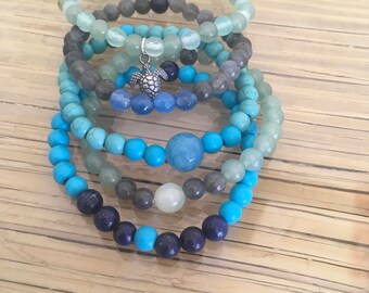 Agate, Blue Howlite, Lapis Lazuli, Magnesite, Green Aventurine and Labradorite Stacked gemstone bracelet with sterling silver turtle
