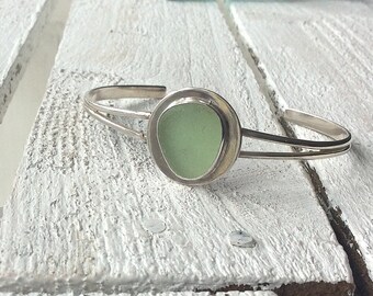 Green Sea Glass Sterling Silver Bangle Cuff Bracelet