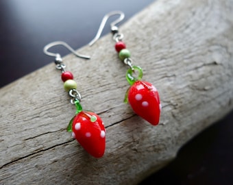 Red Strawberries Glass Bead Earrings | Fruit Dangles