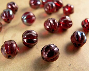 Red Czech Glass Melon Beads Siam Ruby Vega Round Fluted 8mm (25)
