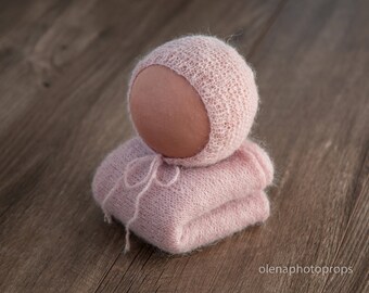 Mohair wrap and bonnet set newborn photography prop, knit wrap, stretch wrap, pink wrap and hat newborn photography backdrop.