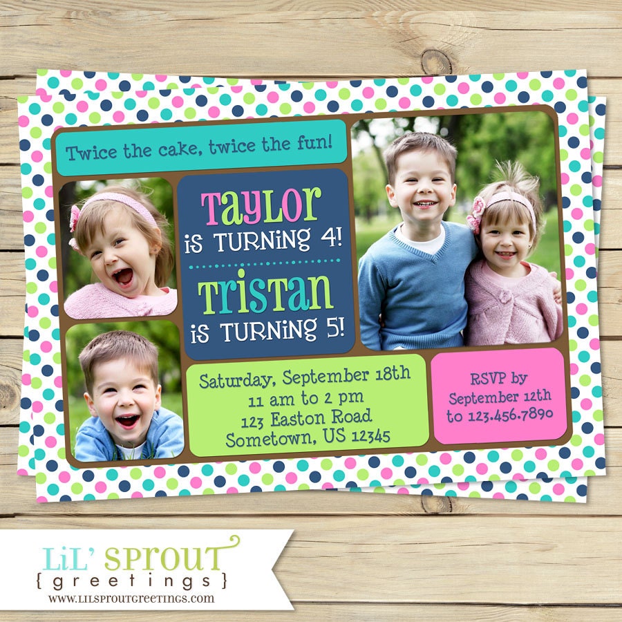 Twin Joint or Sibling Photo Birthday Invitation You Print