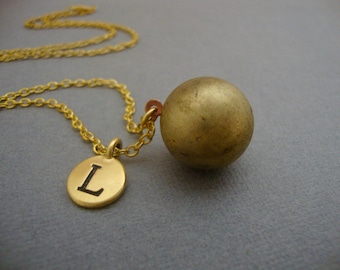 Vintage Ball Locket Necklace, Vintage Brass and Copper Ball Locket Initial Necklace, Ball Bangle Bracelet, Sphere Locket Keychain Keyring