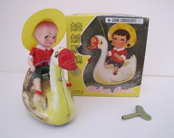 Vintage Wind Up Tin Toy Riding Goose (China) MS 858