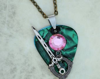 Guitar Pick Necklace - Emerald of Destiny & Sword