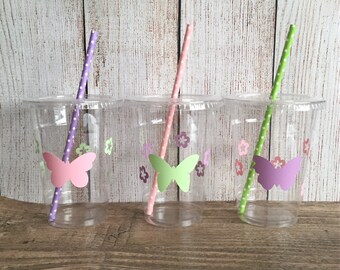 Butterfly Party Cups - Garden Party, Spring Birthday - Disposable Plastic Cups w/Lids+Straws - 16oz.- Butterfly Party - Choose Quantity