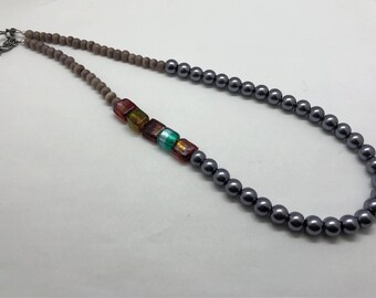 Beautiful Charcoal Glass Pearl Necklace with Artisan Glass Accent Beads, Statement Necklace, Beaded Necklace, Bib Necklace, one-of-a-kind!