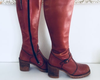 70s Oxblood Leather Knee High Boots Chunky Wood Heels Lug Sole Size 7.5 1/2 M 37 37 made in Argentina by Kinney Shoes