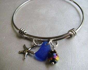 Bangle Bracelet with Starfish Charm - Stainless Steel Bracelet - Expandable Bangle Bracelet - Cobalt Blue Sea Glass Bracelet - Sapphire Blue