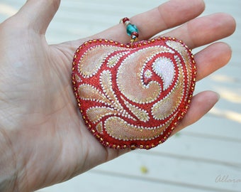 Red Apple Textile Ornament Handpainted. Red -Gold Ornament. Hand Made Silk Fabric Ornament. Ready to ship.