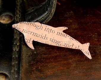 Dolphin brooch, sealife brooch, dolphin jewellery, sea life jewellery, copper brooch, copper jewellery, antique style, text jewellery