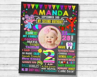 Printable Elmo Sesame Street Birthday chalkboard Party chalk board milestone poster banner sign girl abby cadabby with photo picture (051)