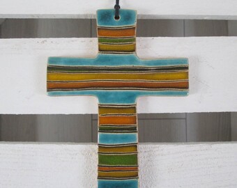 colorful ceramic wall cross, colorful cross, ceramic devotional, handmade devotional, decorative cross, wall cross, ceramic cross handmade