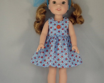 Blue Flower with Orange Dot Doll Dress Handmade To Fit 14.5 Inch Dolls Like Wellie Wishers