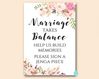 Boho Floral Marriage takes balance, Build memories, sign a block, Guestbook Alternative, Build Memories Sign a Jenga Piece BS546