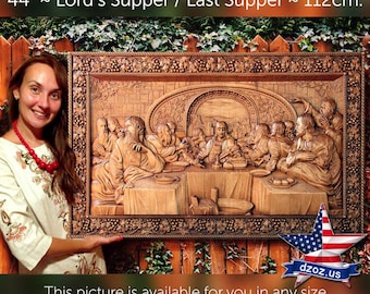 44" Lord's Supper / Last Supper 112cm Wood carving 3D painting icon orthodox art