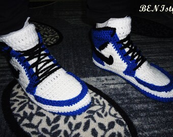 Nike Air Jordan1, Crochet Men's Shoes, Blue Nike Air Jordan, Crochet Home Shoes, Home Slippers, Men's Crochet Adult Shoes, Nike Men's Shoes