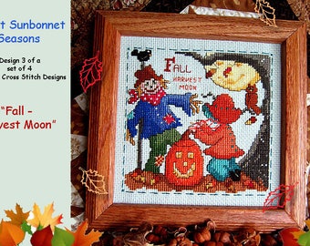 SWEET SUNBONNET SEASONS-design 3 of a set of 4 - "Fall - Harvest Moon" cross stitch chart graph pattern
