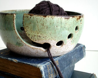 White Green Wheel Thrown Yarn Bowl - MADE TO ORDER
