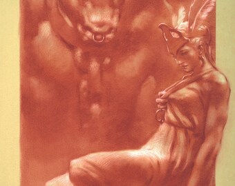 Postcard - Keeper of Knossos - Minotaur and beautiful ancient Greek lady - mini art print of a conte drawing