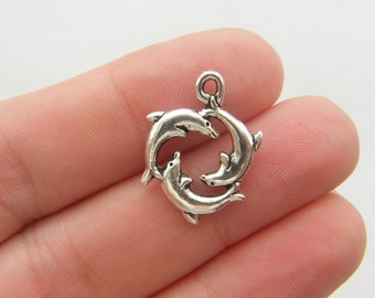 8 Dolphin charms antique silver tone FF74