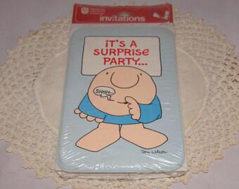 Vintage American Greetings Ziggy Surprise Party Invitations, Its A Surprise Party, Unsed Pack of 10 in original package, 80s, blue