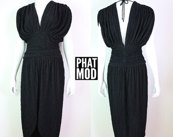 Vintage 70s 80s Black Soft Crinkle Deep V and Open Back Party Disco Dress