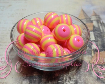 20mm Pink Lemonade Hot Pink and Yellow Striped Beads Qty 10