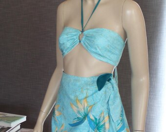 REDUCED. 1940's 3 Piece SARONG style Playsuit / SWIMSUIT. Hawaiian Alfred Shaheen fabric