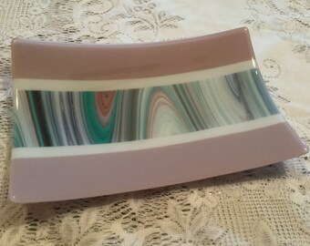 Fused Glass Platter, Mauve White Teal Art Glass Dish, Glass Serving Tray