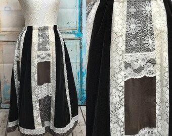 70s Boho Brown Velvet Skirt Lace Carefree Fashions Peasant Maxi
