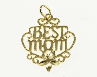 14k Best Mom Mother Word Cut Out Floral Pendant Gold