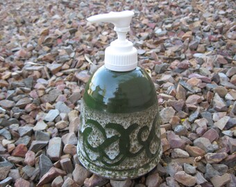 Stoneware Soap Pump, Hand Lotion Pump with Hand Painted Dark Green with a scrolling pattern, Green Soap Pump, Stoneware Pottery Soap Pump