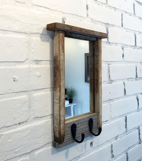 Entryway Mirror with Two Coat Hooks Rustic Reclaimed Wood