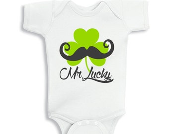 Mr Lucky Mustache and Shamrock baby bodysuit