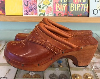 Vintage 60s / 70s Wooden Leather Dead Stock Clogs by Rosane US Size 8 M (may also fit like 7 1/2) Made in Brazil