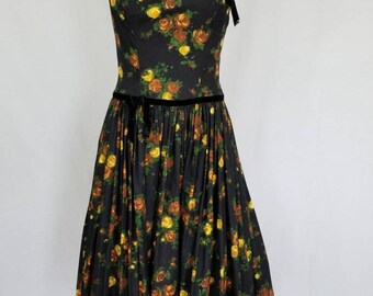 1950s Dress // 50s Dress // 50s Yellow Rose Dress // 50s Floral Dress // 50s Flower Dress // Party Dress // Vintage Party Dress // Size S XA
