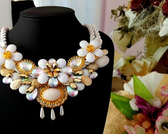 Handmade bib statement necklace with golden details and white acrylic gemstones, bridesmaid jewelry, wedding necklace, gift