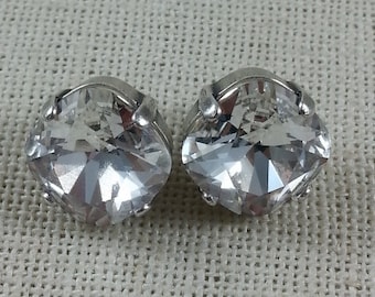 Swarovski 12mm Cushion Cut Stud Earrings / Clear Crystal Earrings /Antique Silver / Classy Earrings /Crystal Earrings / Designer Inspired