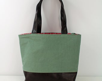 Lulu Large Tote Diaper Bag -Sage Linen with PU Chocolate Brown Leather and Coral Trellis Lining - READY to SHIP